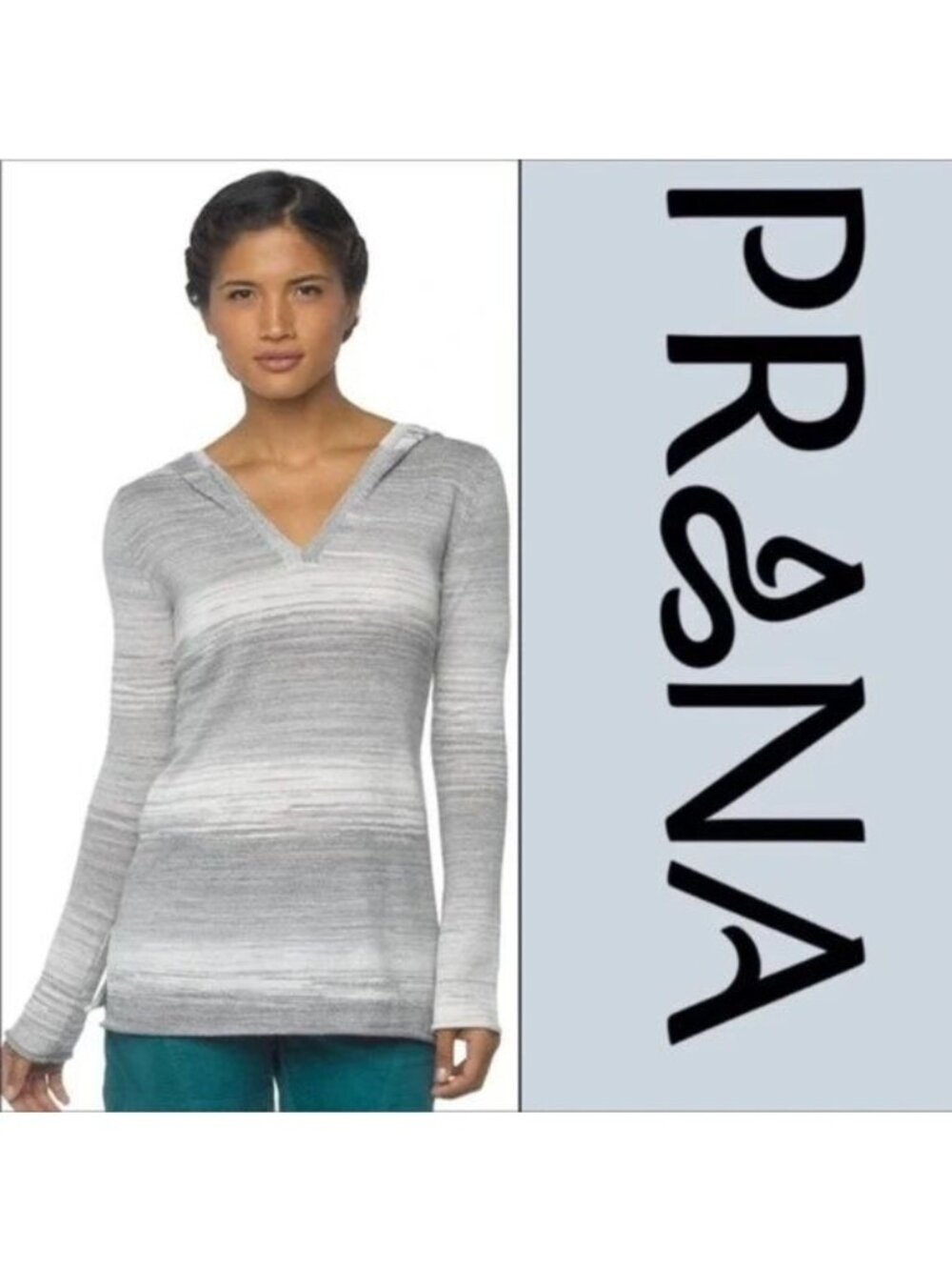 Prana Womens Gemma Hooded Sweater Gray Striped Lightweight Knit Size Large